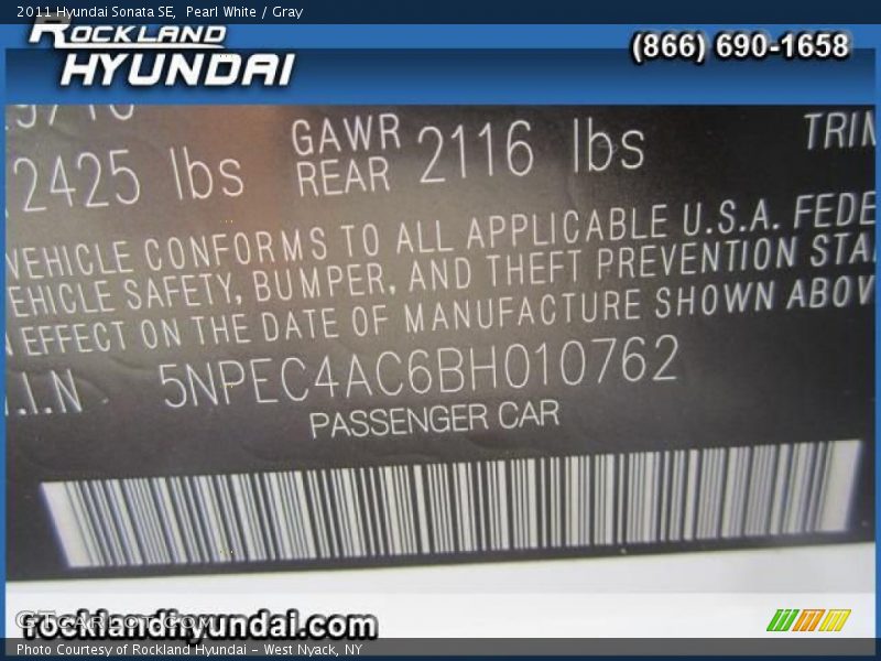 Pearl White / Gray 2011 Hyundai Sonata SE