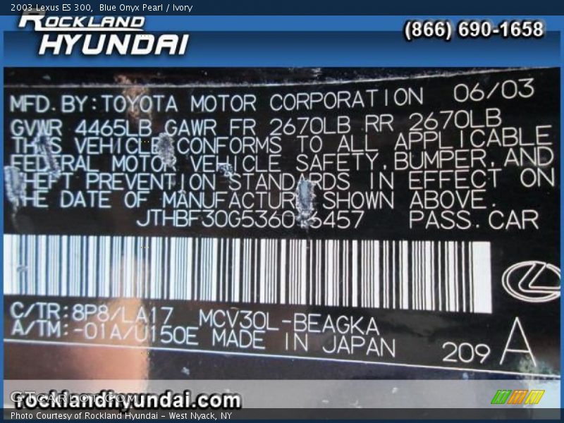 Blue Onyx Pearl / Ivory 2003 Lexus ES 300