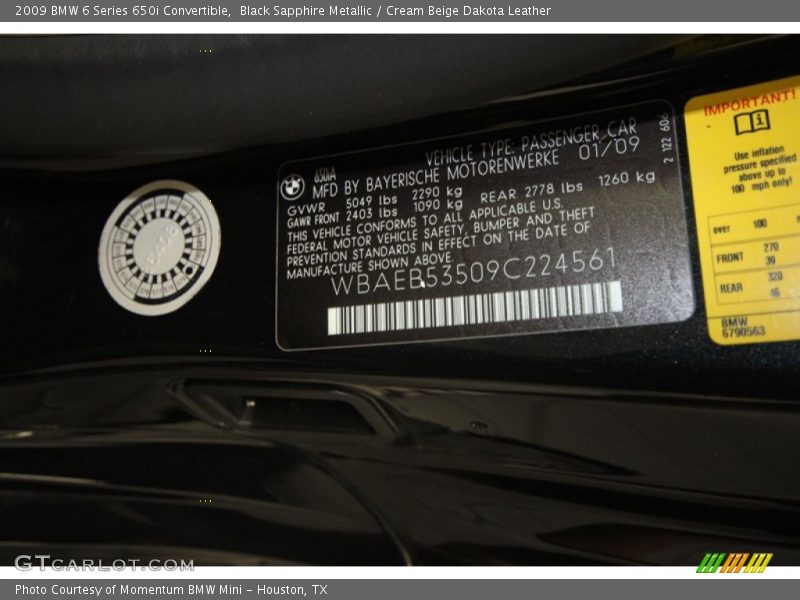 Black Sapphire Metallic / Cream Beige Dakota Leather 2009 BMW 6 Series 650i Convertible