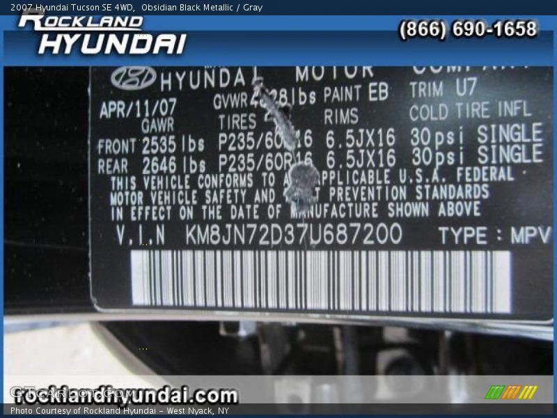 Obsidian Black Metallic / Gray 2007 Hyundai Tucson SE 4WD