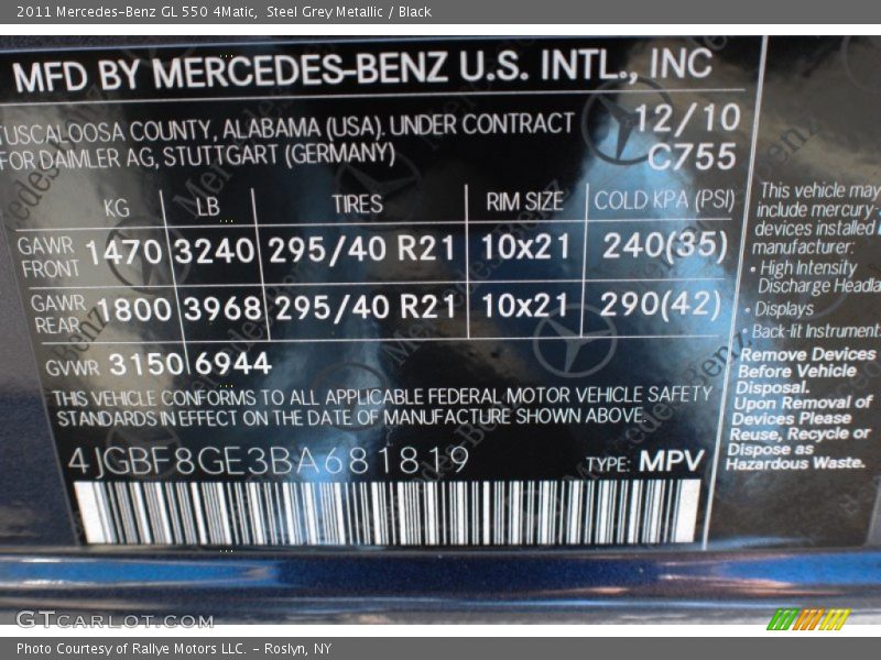 Steel Grey Metallic / Black 2011 Mercedes-Benz GL 550 4Matic