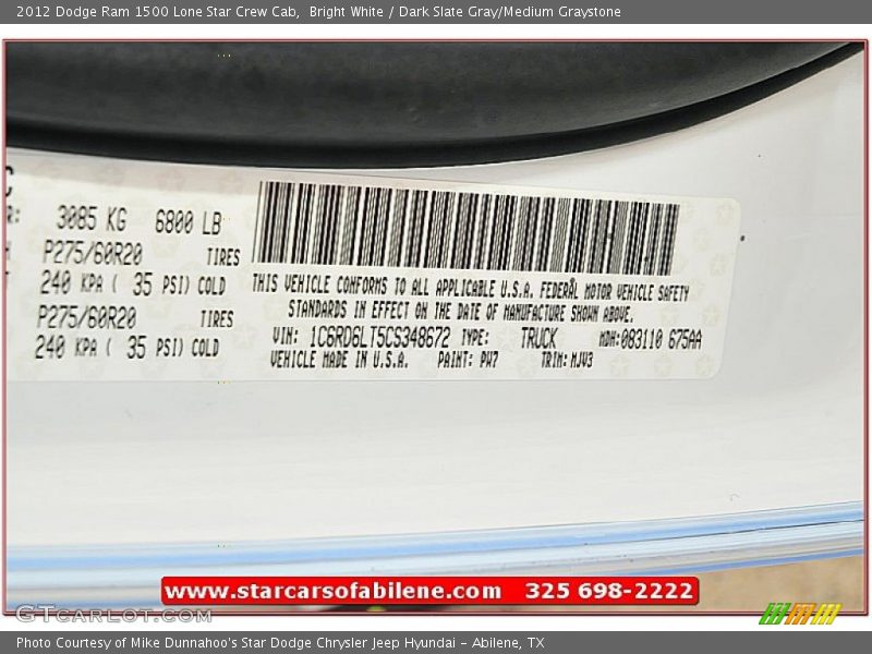 Bright White / Dark Slate Gray/Medium Graystone 2012 Dodge Ram 1500 Lone Star Crew Cab