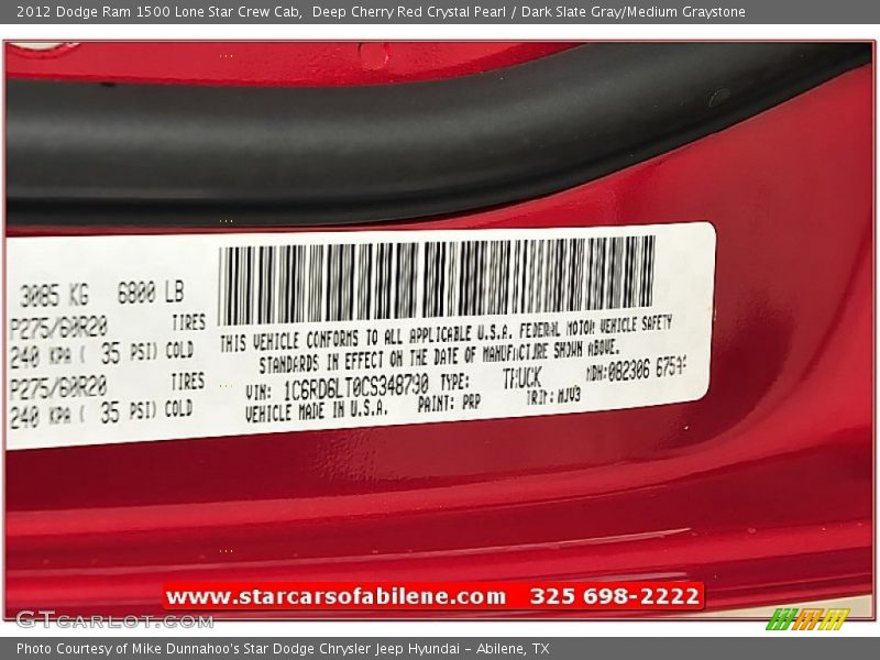 Deep Cherry Red Crystal Pearl / Dark Slate Gray/Medium Graystone 2012 Dodge Ram 1500 Lone Star Crew Cab