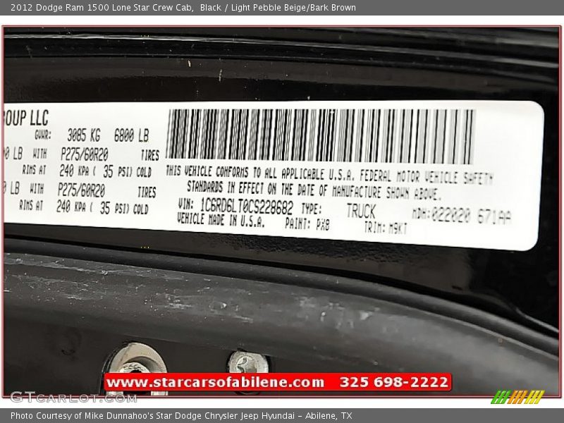 Black / Light Pebble Beige/Bark Brown 2012 Dodge Ram 1500 Lone Star Crew Cab