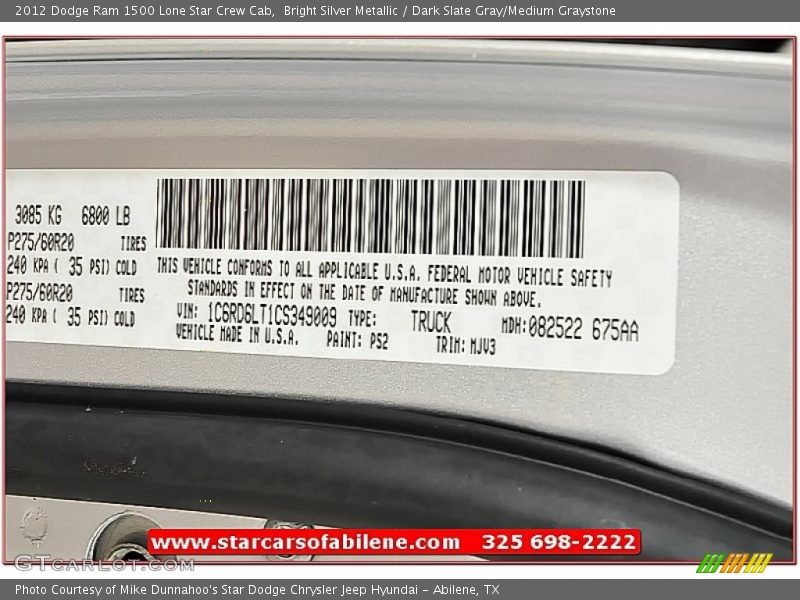 Bright Silver Metallic / Dark Slate Gray/Medium Graystone 2012 Dodge Ram 1500 Lone Star Crew Cab