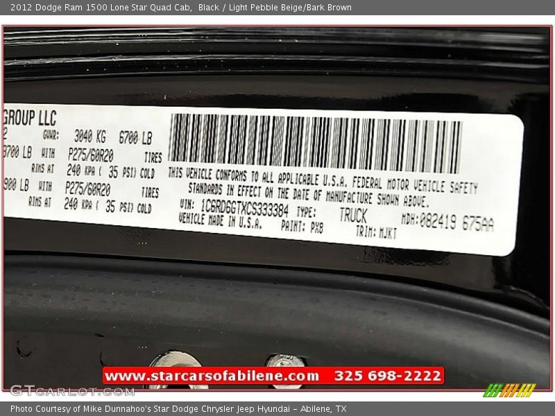 Black / Light Pebble Beige/Bark Brown 2012 Dodge Ram 1500 Lone Star Quad Cab