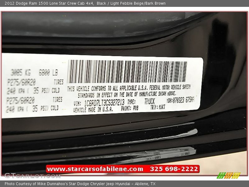 Black / Light Pebble Beige/Bark Brown 2012 Dodge Ram 1500 Lone Star Crew Cab 4x4