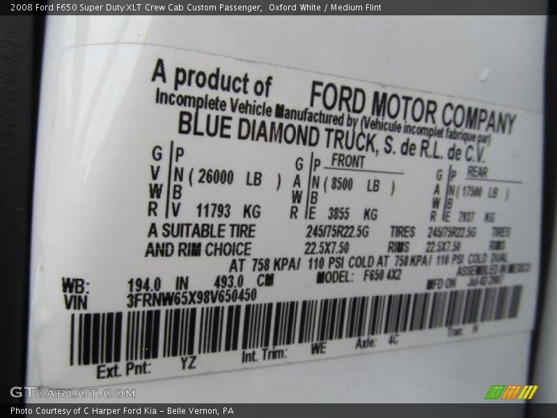 2008 F650 Super Duty XLT Crew Cab Custom Passenger Oxford White Color Code YZ
