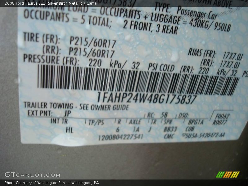 Silver Birch Metallic / Camel 2008 Ford Taurus SEL