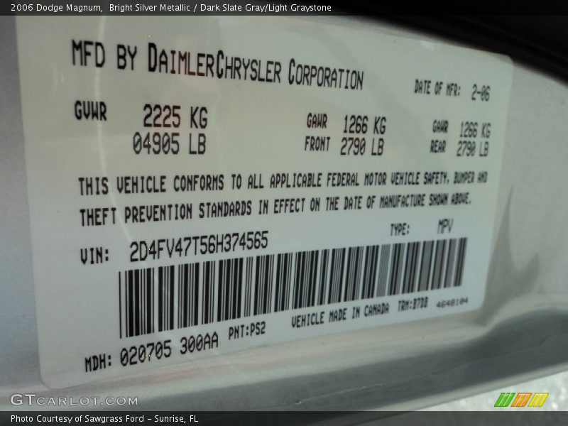 Bright Silver Metallic / Dark Slate Gray/Light Graystone 2006 Dodge Magnum