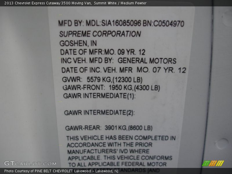 Info Tag of 2013 Express Cutaway 3500 Moving Van