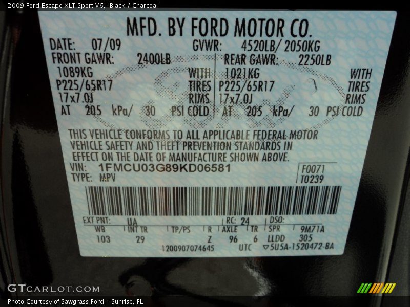 2009 Escape XLT Sport V6 Black Color Code UA