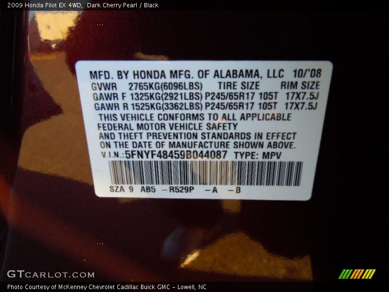 Dark Cherry Pearl / Black 2009 Honda Pilot EX 4WD
