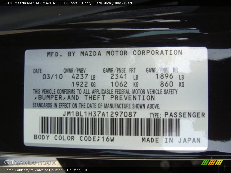 2010 MAZDA3 MAZDASPEED3 Sport 5 Door Black Mica Color Code 16W
