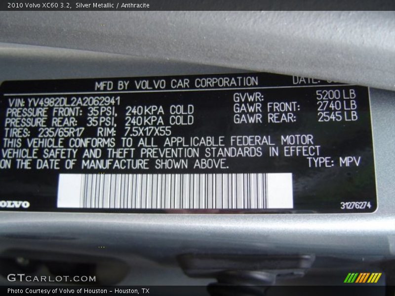 Silver Metallic / Anthracite 2010 Volvo XC60 3.2