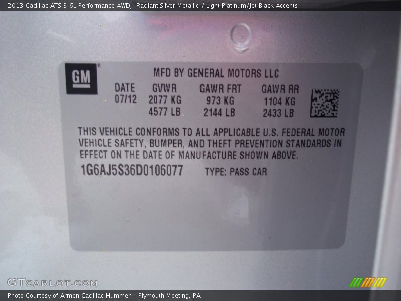 Radiant Silver Metallic / Light Platinum/Jet Black Accents 2013 Cadillac ATS 3.6L Performance AWD