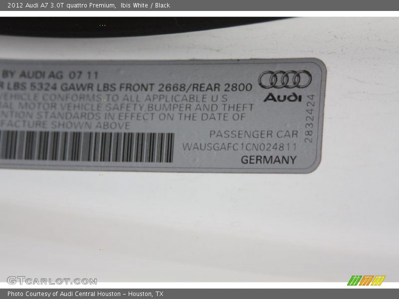 Ibis White / Black 2012 Audi A7 3.0T quattro Premium