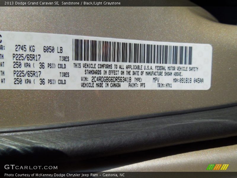 2013 Grand Caravan SE Sandstone Color Code PFS