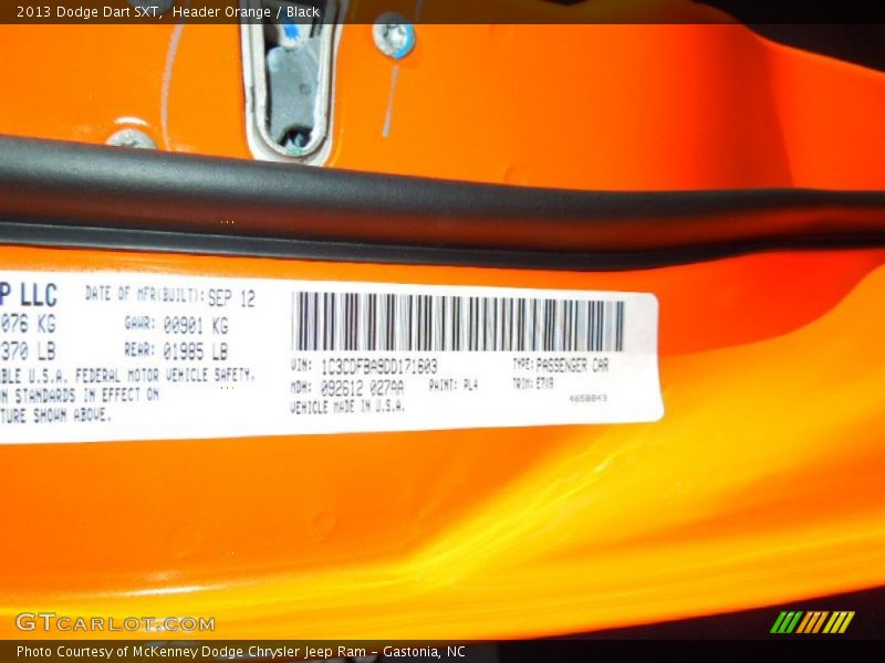 2013 Dart SXT Header Orange Color Code PL4