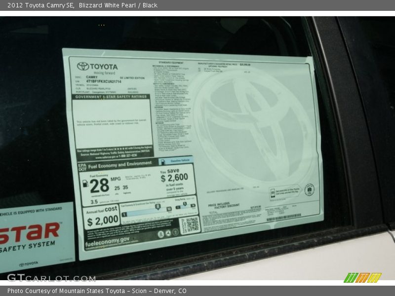 Blizzard White Pearl / Black 2012 Toyota Camry SE