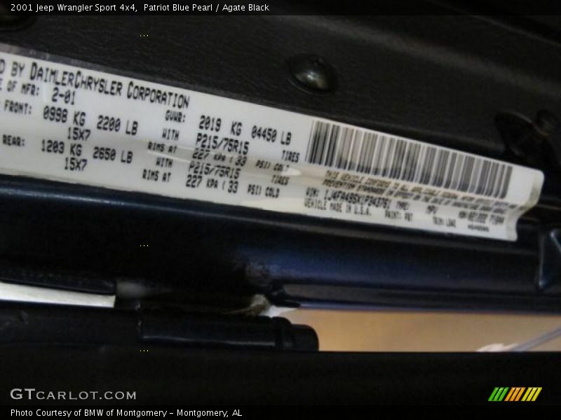 Patriot Blue Pearl / Agate Black 2001 Jeep Wrangler Sport 4x4