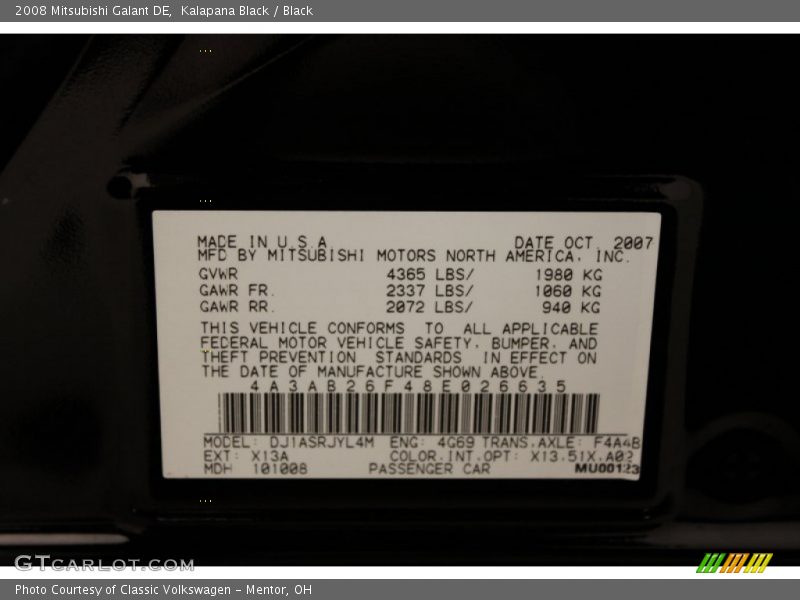 2008 Galant DE Kalapana Black Color Code X13