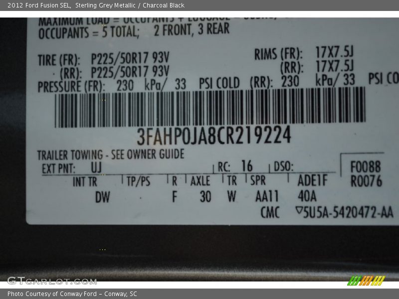 Sterling Grey Metallic / Charcoal Black 2012 Ford Fusion SEL