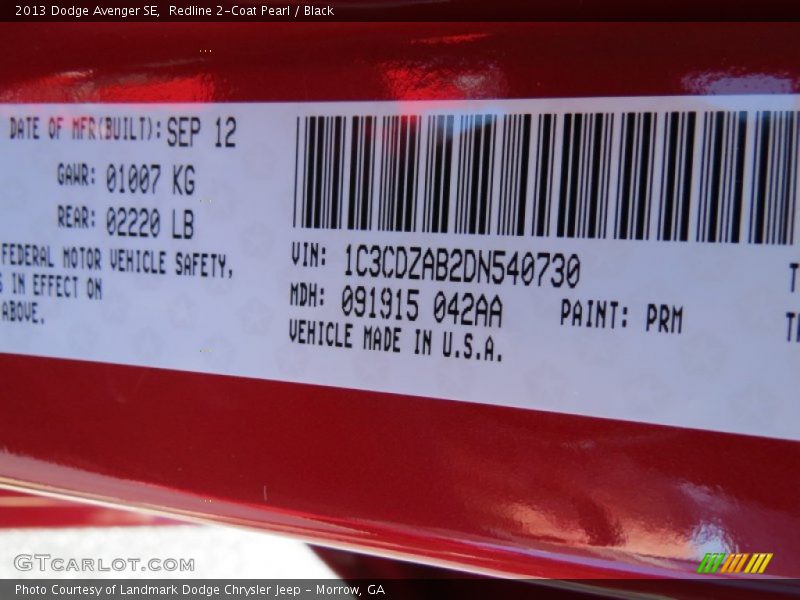 Redline 2-Coat Pearl / Black 2013 Dodge Avenger SE