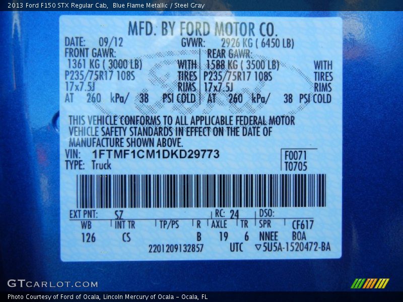 2013 F150 STX Regular Cab Blue Flame Metallic Color Code SZ