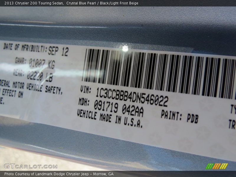 Crystal Blue Pearl / Black/Light Frost Beige 2013 Chrysler 200 Touring Sedan