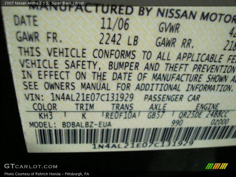 Super Black / Frost 2007 Nissan Altima 2.5 S