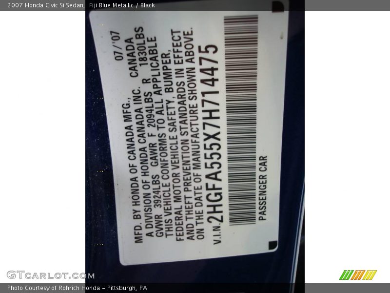 Fiji Blue Metallic / Black 2007 Honda Civic Si Sedan