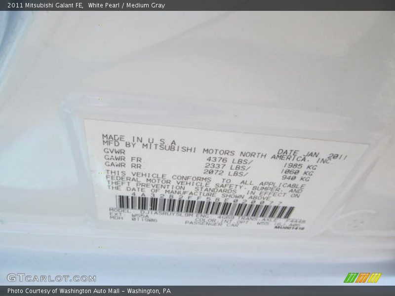 White Pearl / Medium Gray 2011 Mitsubishi Galant FE