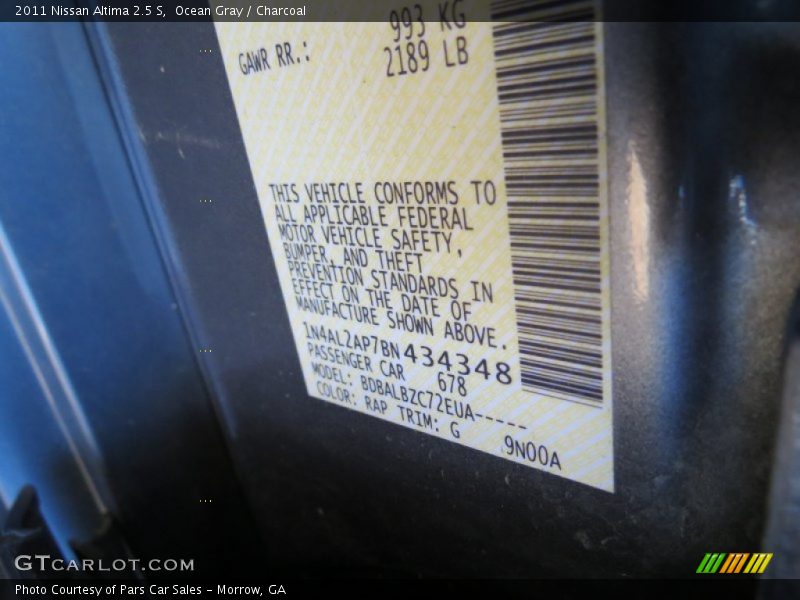 Ocean Gray / Charcoal 2011 Nissan Altima 2.5 S