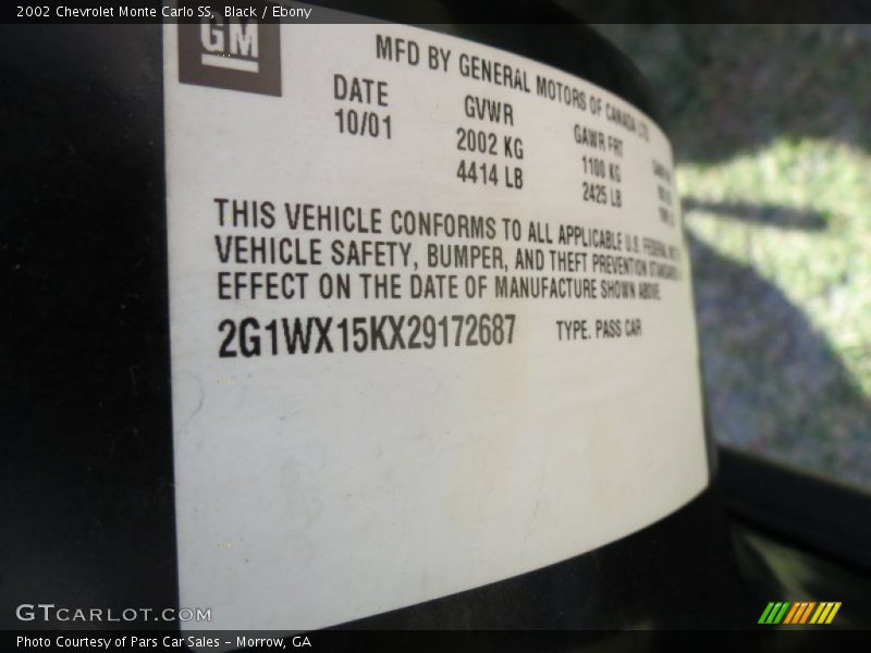 Black / Ebony 2002 Chevrolet Monte Carlo SS