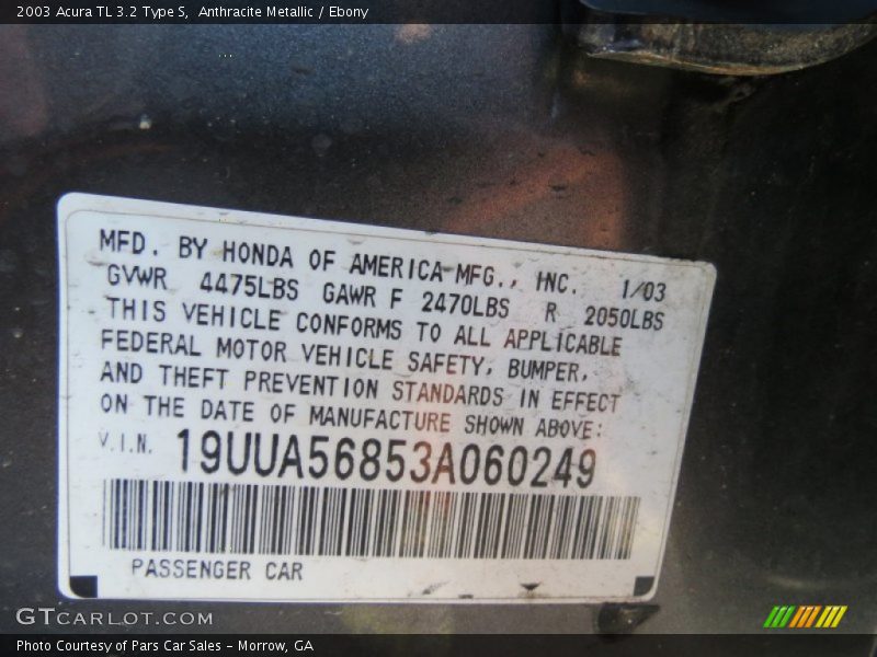 Anthracite Metallic / Ebony 2003 Acura TL 3.2 Type S
