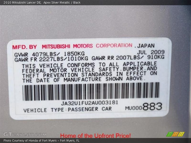 Apex Silver Metallic / Black 2010 Mitsubishi Lancer DE