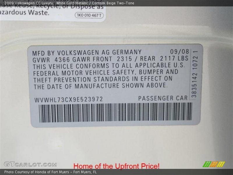 White Gold Metallic / Cornsilk Beige Two-Tone 2009 Volkswagen CC Luxury