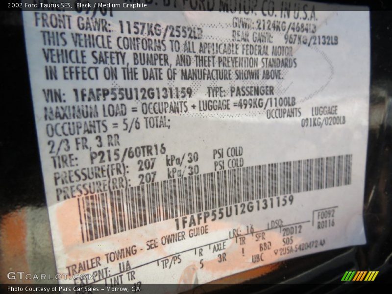 Black / Medium Graphite 2002 Ford Taurus SES