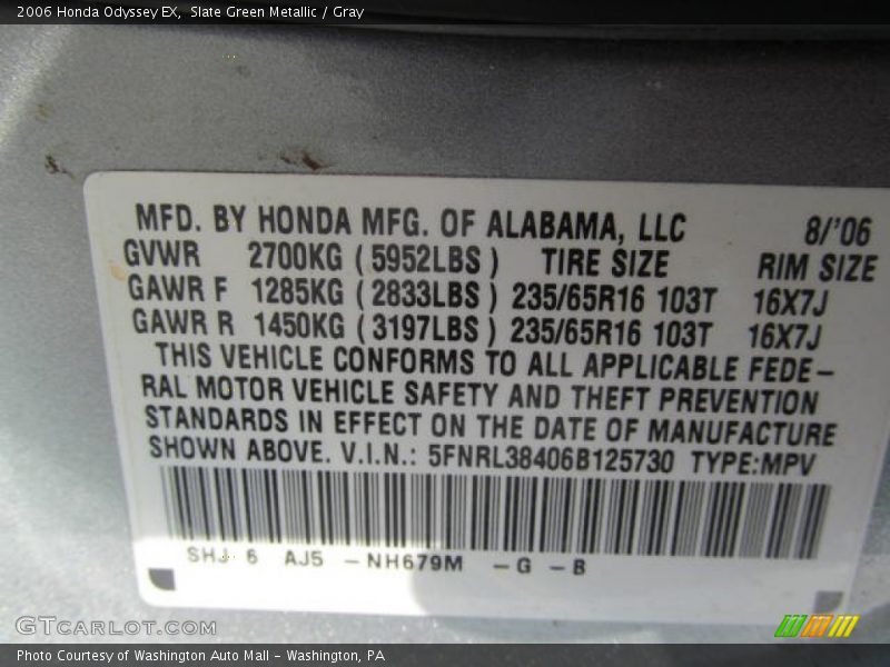 Slate Green Metallic / Gray 2006 Honda Odyssey EX