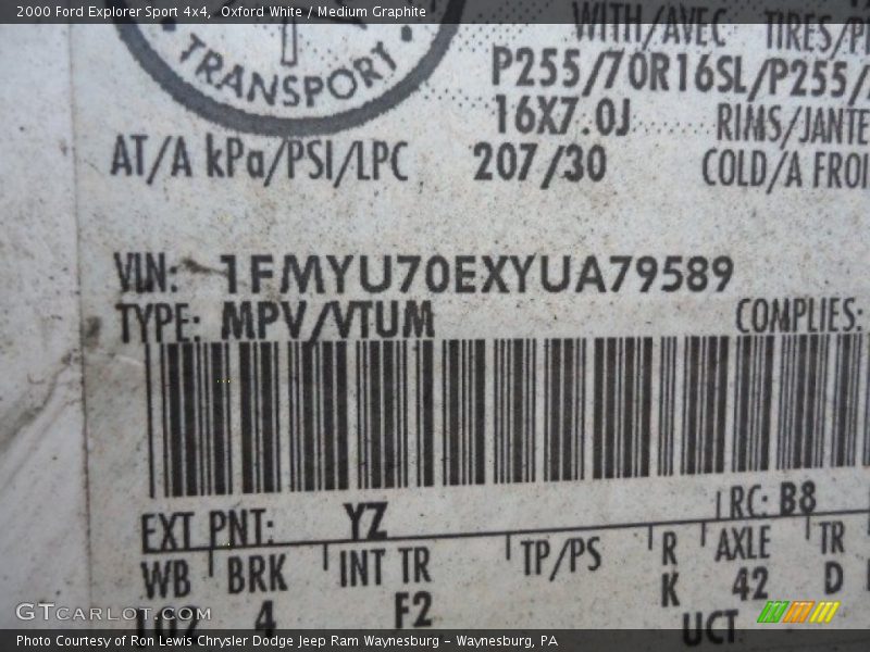 2000 Explorer Sport 4x4 Oxford White Color Code YZ