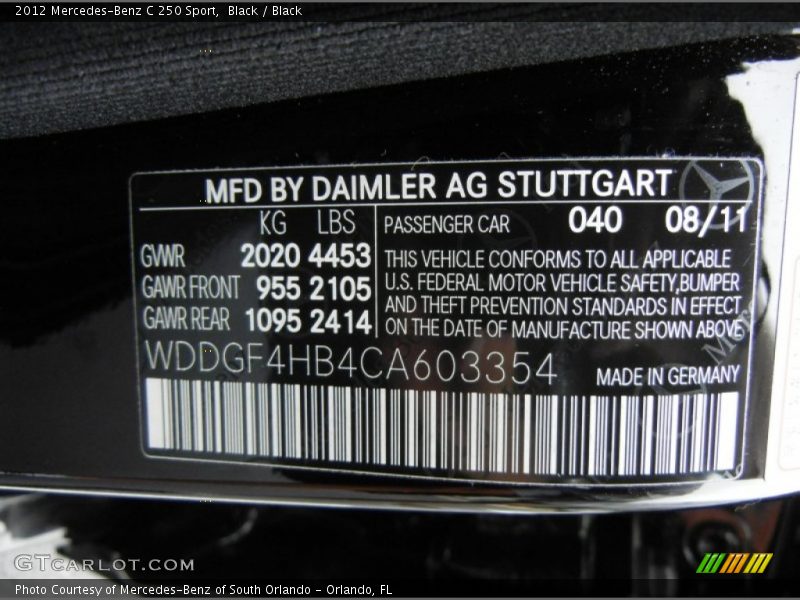 2012 C 250 Sport Black Color Code 040