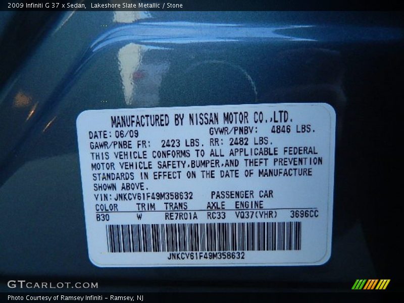 Lakeshore Slate Metallic / Stone 2009 Infiniti G 37 x Sedan