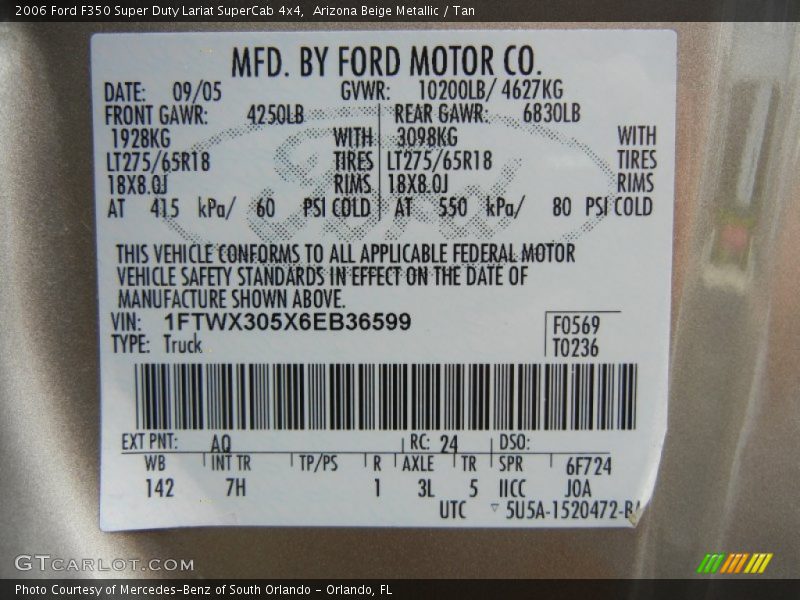2006 F350 Super Duty Lariat SuperCab 4x4 Arizona Beige Metallic Color Code AQ