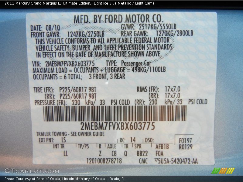 Light Ice Blue Metallic / Light Camel 2011 Mercury Grand Marquis LS Ultimate Edition