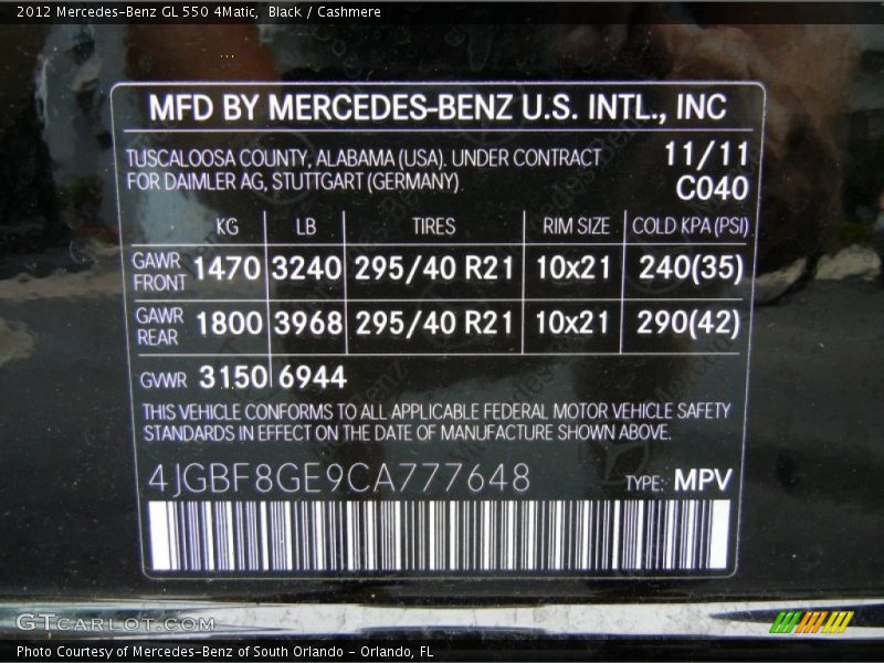 2012 GL 550 4Matic Black Color Code 040