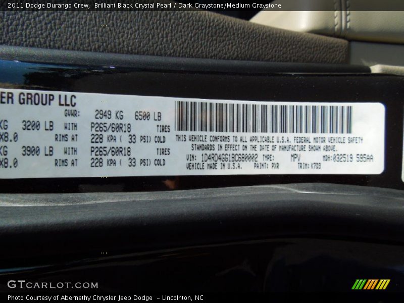Brilliant Black Crystal Pearl / Dark Graystone/Medium Graystone 2011 Dodge Durango Crew