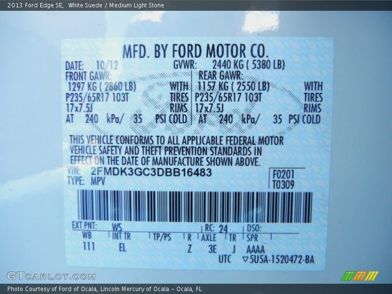 White Suede / Medium Light Stone 2013 Ford Edge SE