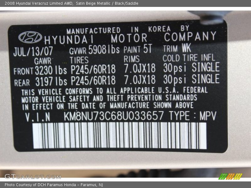 Satin Beige Metallic / Black/Saddle 2008 Hyundai Veracruz Limited AWD
