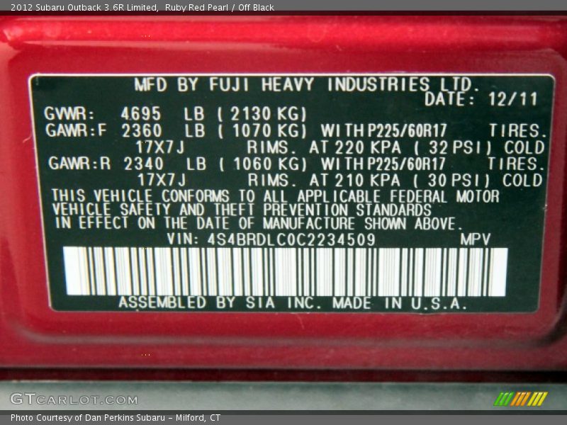 Ruby Red Pearl / Off Black 2012 Subaru Outback 3.6R Limited